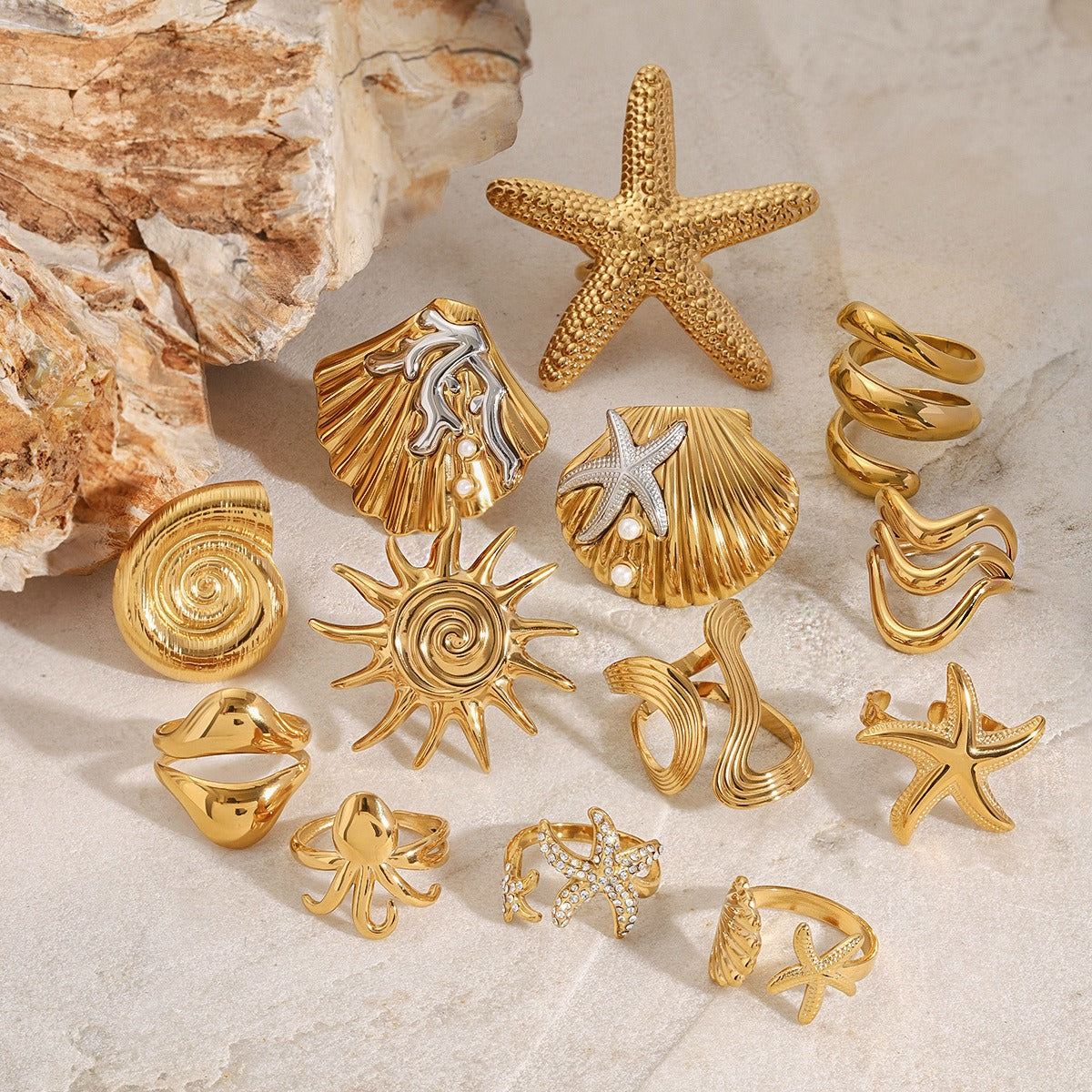 Kaze 18K Gold Ocean-Themed Inlaid Pearl Jewellery Set | 14-Piece Coastal Jewellery Collection