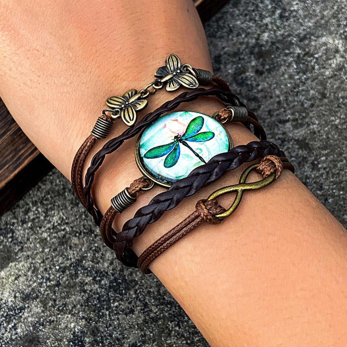Kaze Ethnic Hand-Woven Gravel Flying Bird Multi-Layer Leaf Bracelet | Artisan Zinc Alloy Bracelet in 3 Styles BronzeB