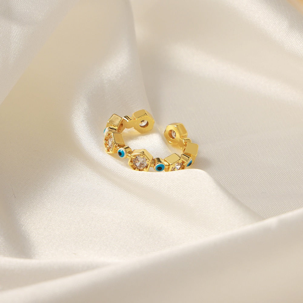 Kaze Geometric Hexagonal Devil's Eye Zircon Ring | 18K Gold Adjustable Ring in 5 Colours Blue Adjustable