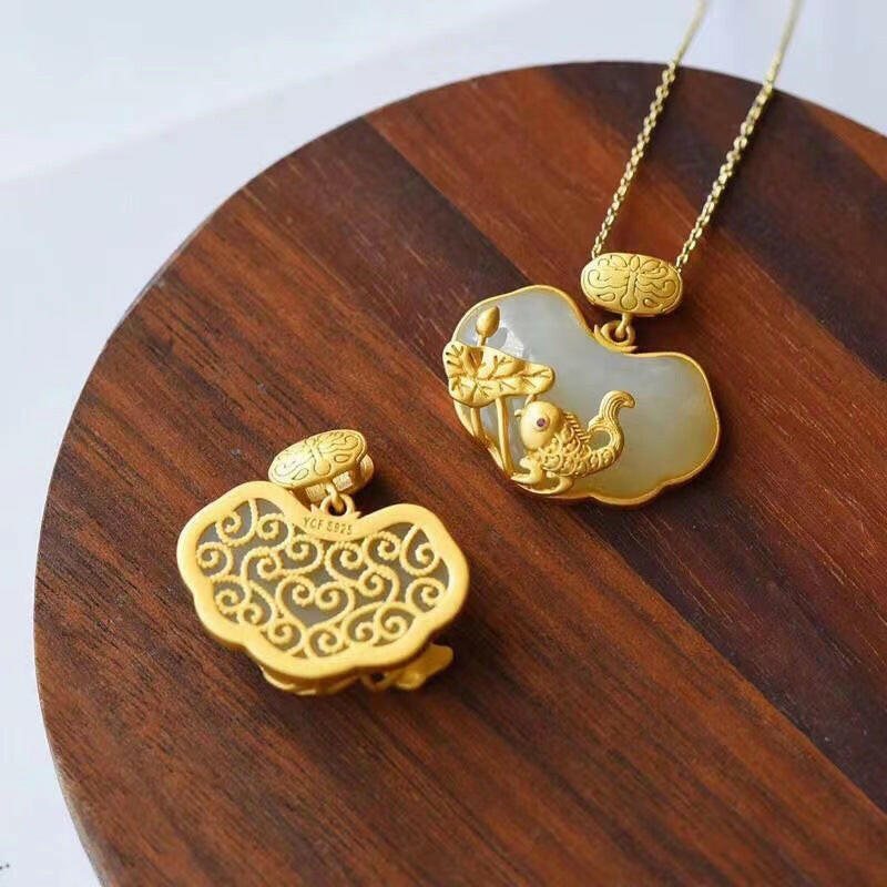 Kaze Vintage Carp and Lotus Pendant Necklace | Titanium Steel Light Luxury Asian Art Necklace