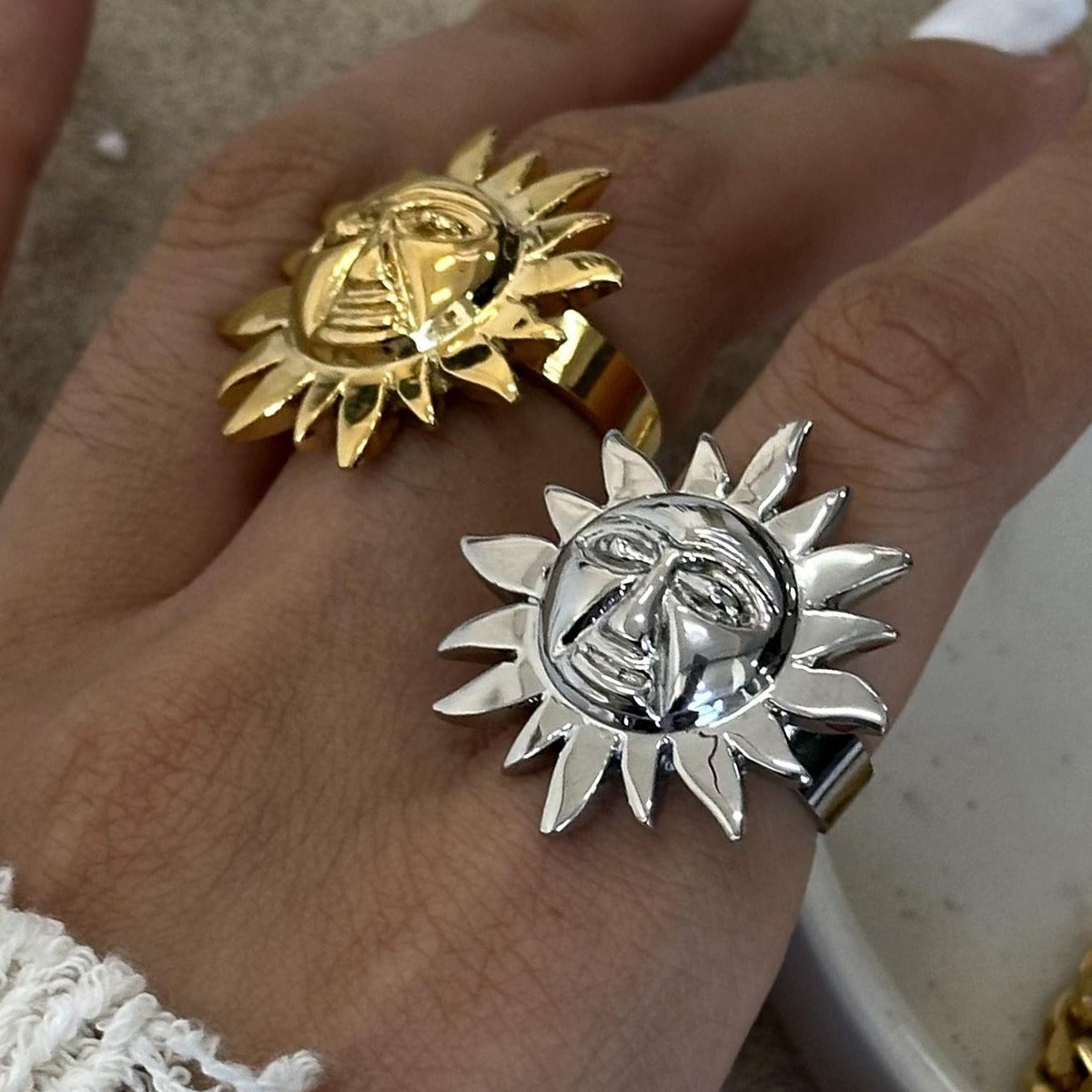 Kaze Sun Face Artistic Open Ring | 18K Gold Textured Sun Design Ring in Gold &amp; Silver