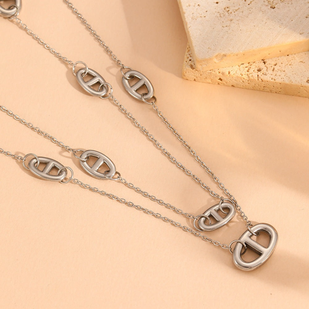 Kaze 18K Gold Smooth Pig Nose Necklace, Bracelet and Earrings Set | 8 Variant Gold Jewellery Set Steel-colored necklace