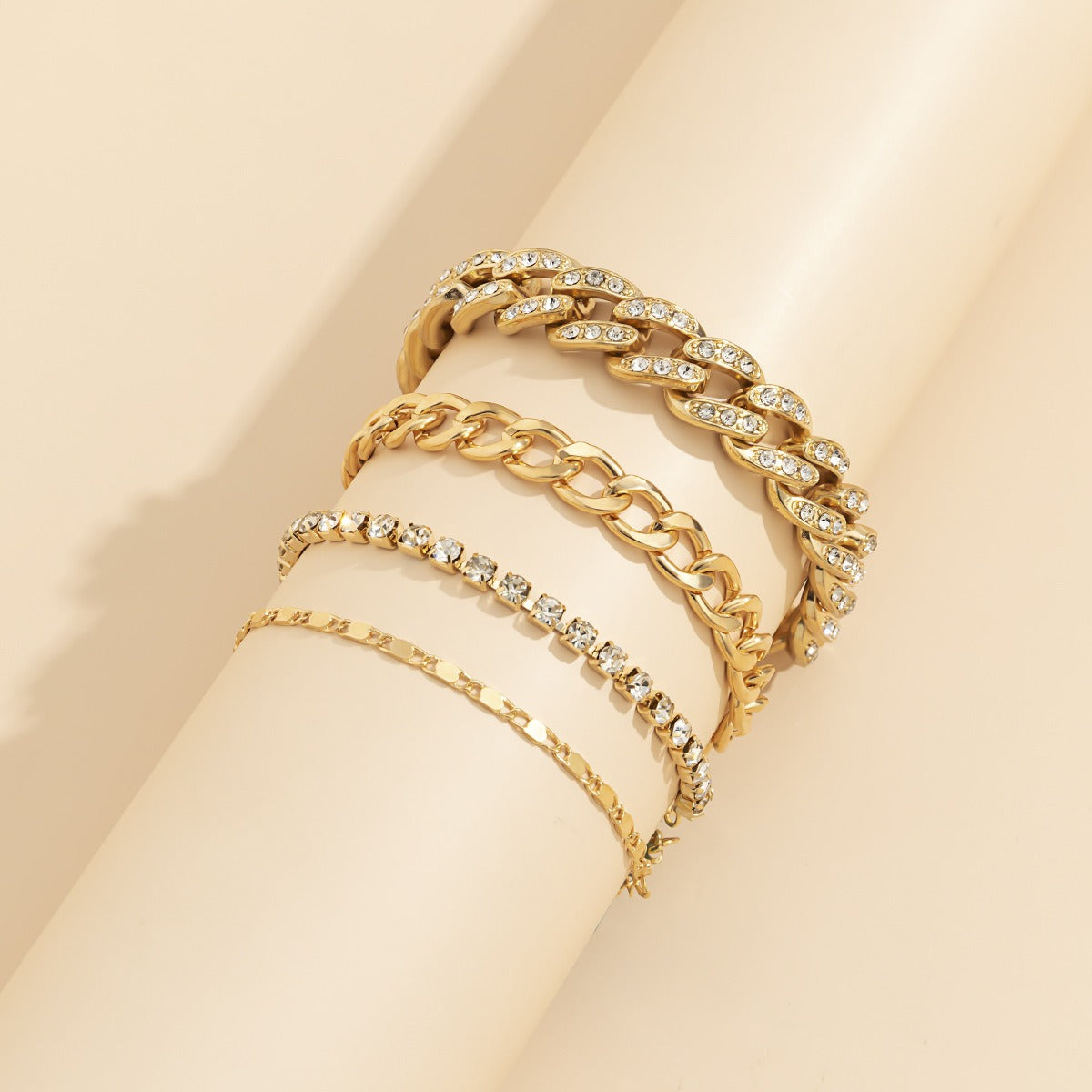 Kaze Hip-Hop Retro Diamond-Studded Cuban Chain Bracelet Set | 18K Gold Statement Bracelet in Gold &amp; Silver