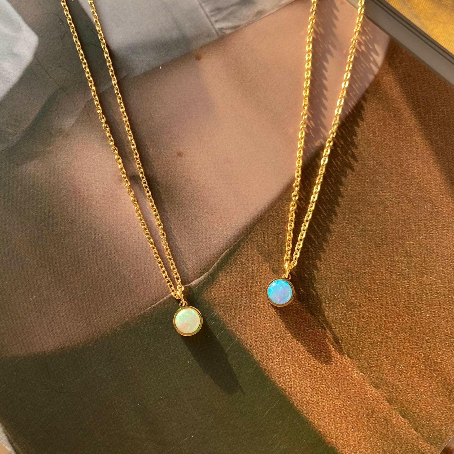 Kaze White and Blue Opal Round Pendant Necklace | Titanium Steel Opal Necklace for Women