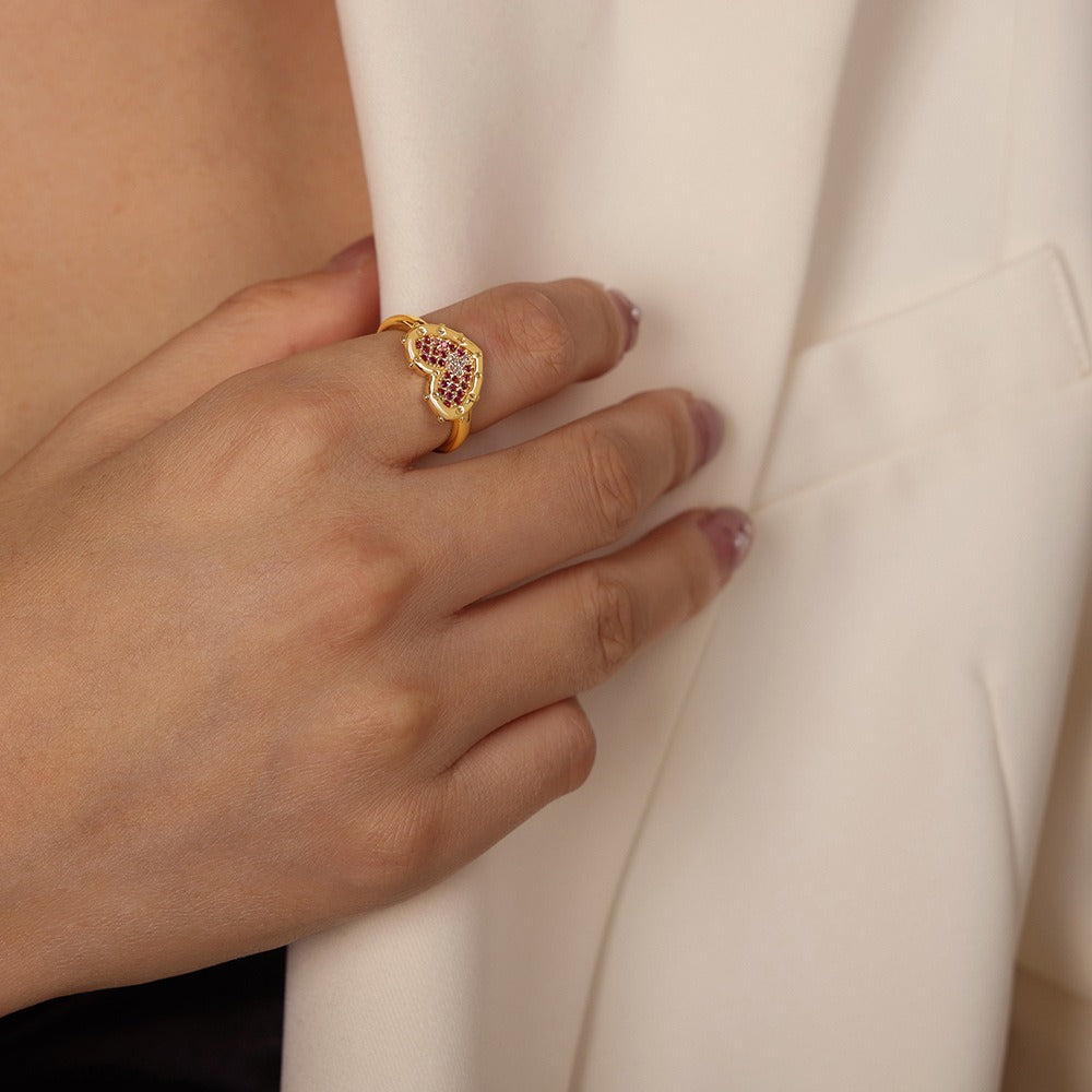 Kaze Heart and Hollow Star Zircon Ring | 18K Gold Adjustable Ring in Heart &amp; Star Design Loving Heart Adjustable