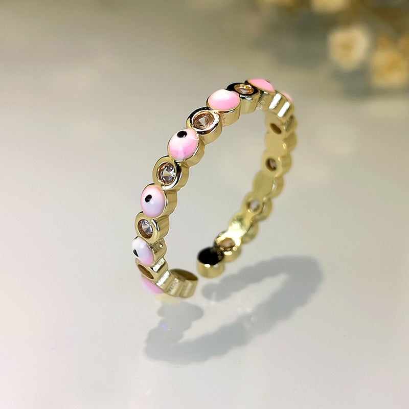 Kaze Exaggerated Eye Design Gemstone Open Ring | 18K Gold Oil-Drip Enamel Ring in 18 Variants Pink Adjustable