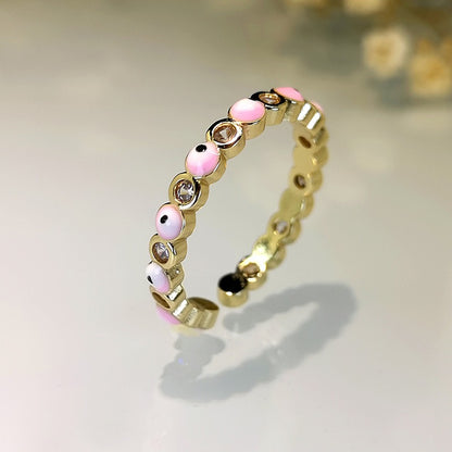 Kaze Exaggerated Eye Design Gemstone Open Ring | 18K Gold Oil-Drip Enamel Ring in 18 Variants Pink Adjustable