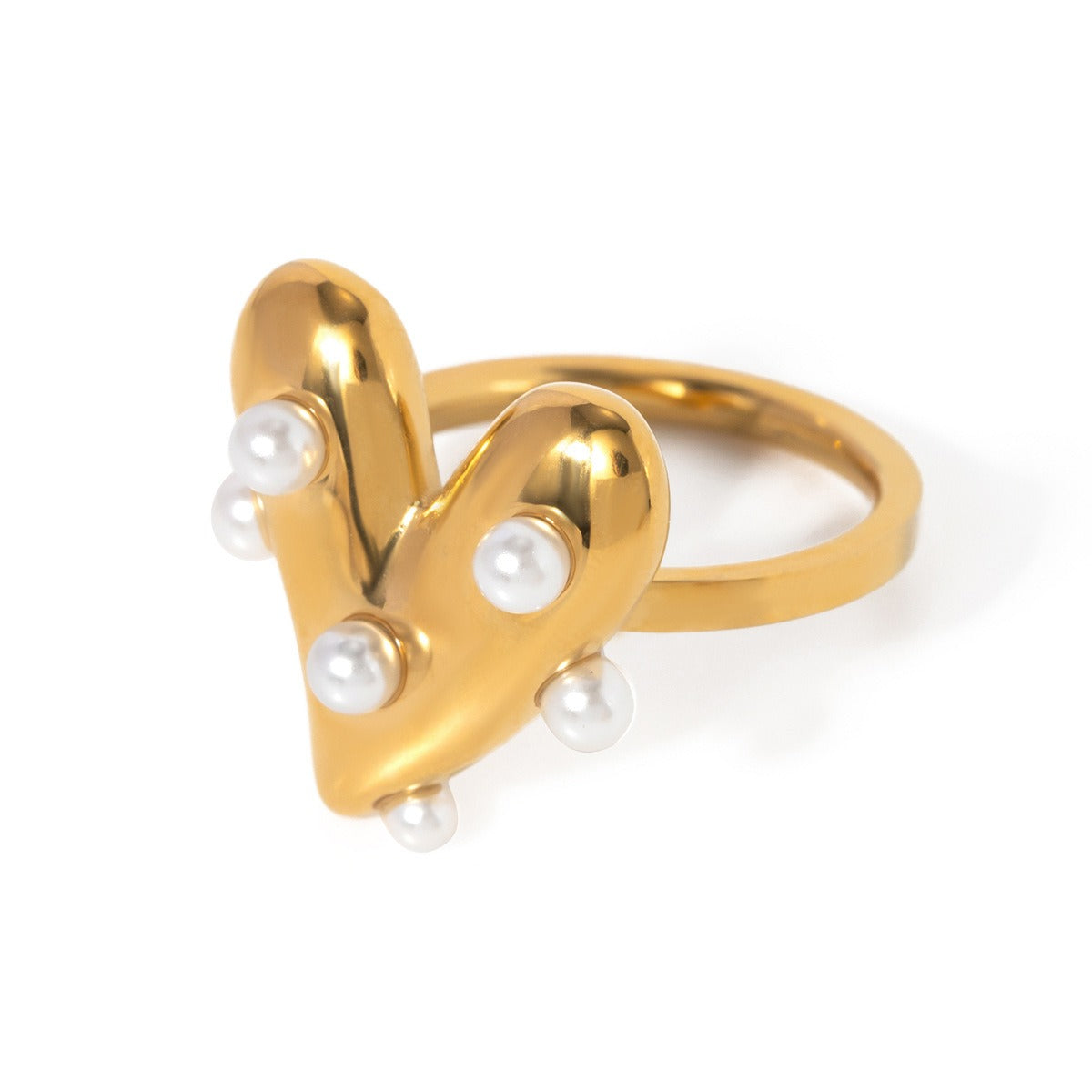 Kaze Exquisite Heart-Shaped Pearl Inlay Ring | 18K Gold Romantic Pearl Ring Size 7 7US