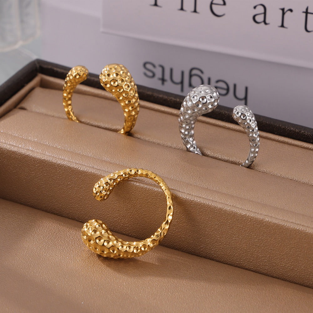 Kaze Simple Teardrop Hammered Texture Open Ring | 18K Gold Artisan Ring in Gold &amp; Silver