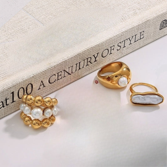 Kaze 18K Gold Pearl Titanium Steel Ring | Pearl Ring in Ring A, B &amp; C Styles Size 7 US