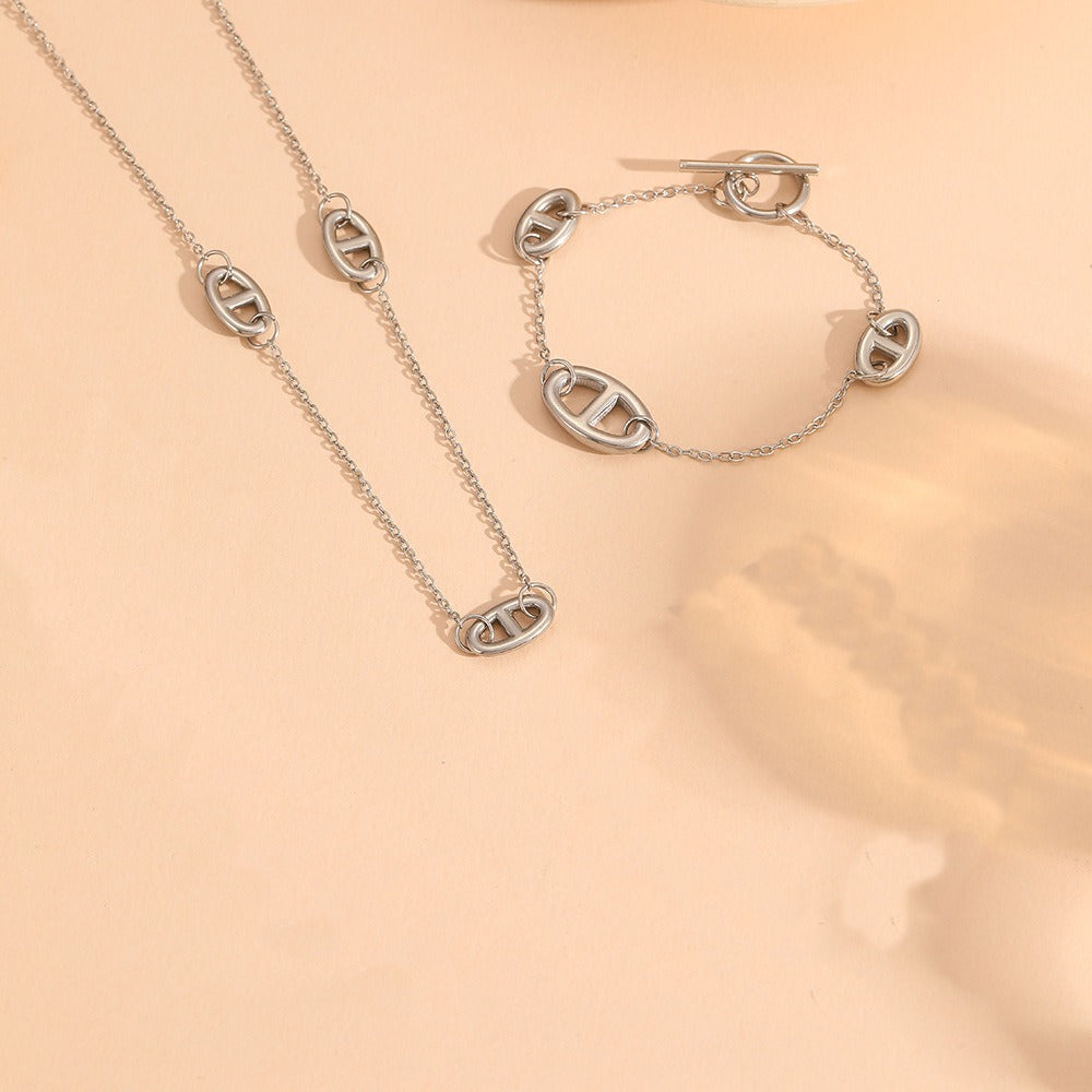 Kaze 18K Gold Smooth Pig Nose Necklace, Bracelet and Earrings Set | 8 Variant Gold Jewellery Set Steel-colored set (necklace + bracelet)