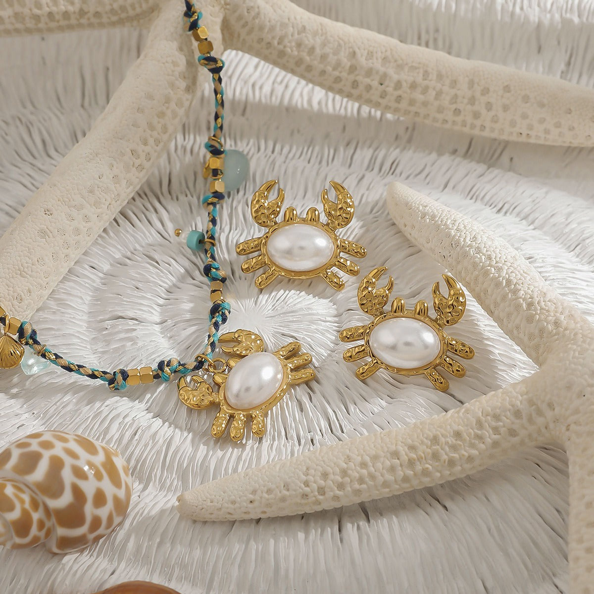 Kaze 18K Gold Crab-Shaped Inlaid Pearl Earring, Necklace and Bracelet Set | Coastal Pearl Jewellery in 3 Variants