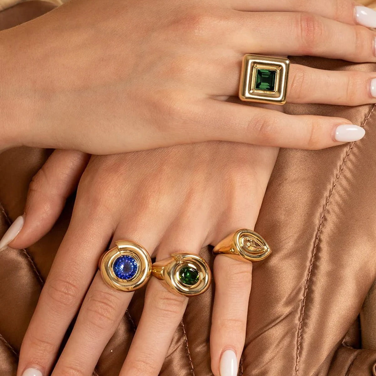 Kaze Simple Elegant Square Gemstone Ring | 18K Gold Ring in White, Green &amp; Blue Size 7