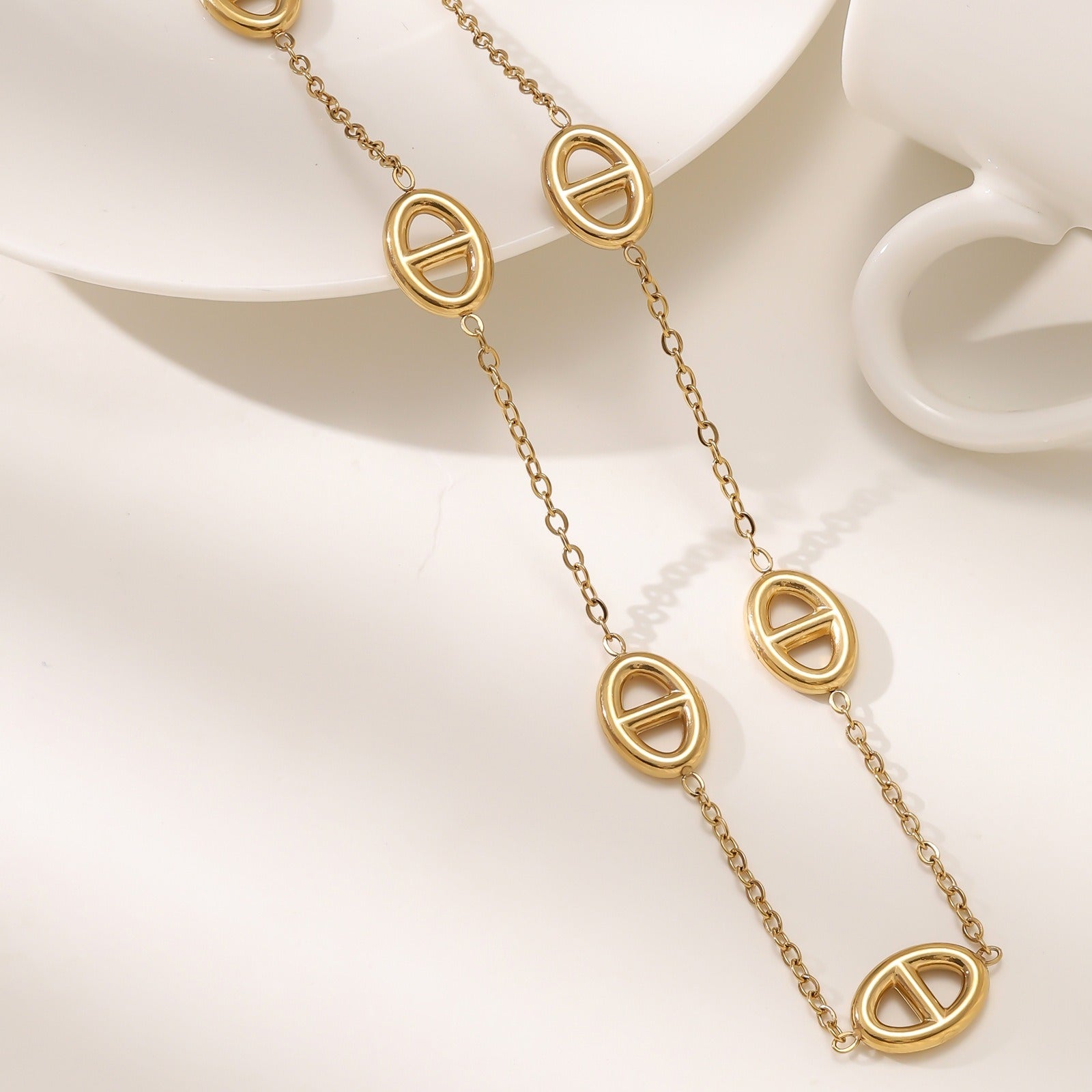 Kaze 18K Gold Pig Nose Necklace and Bracelet Set | Titanium Steel Charm Set in 3 Variants Necklace