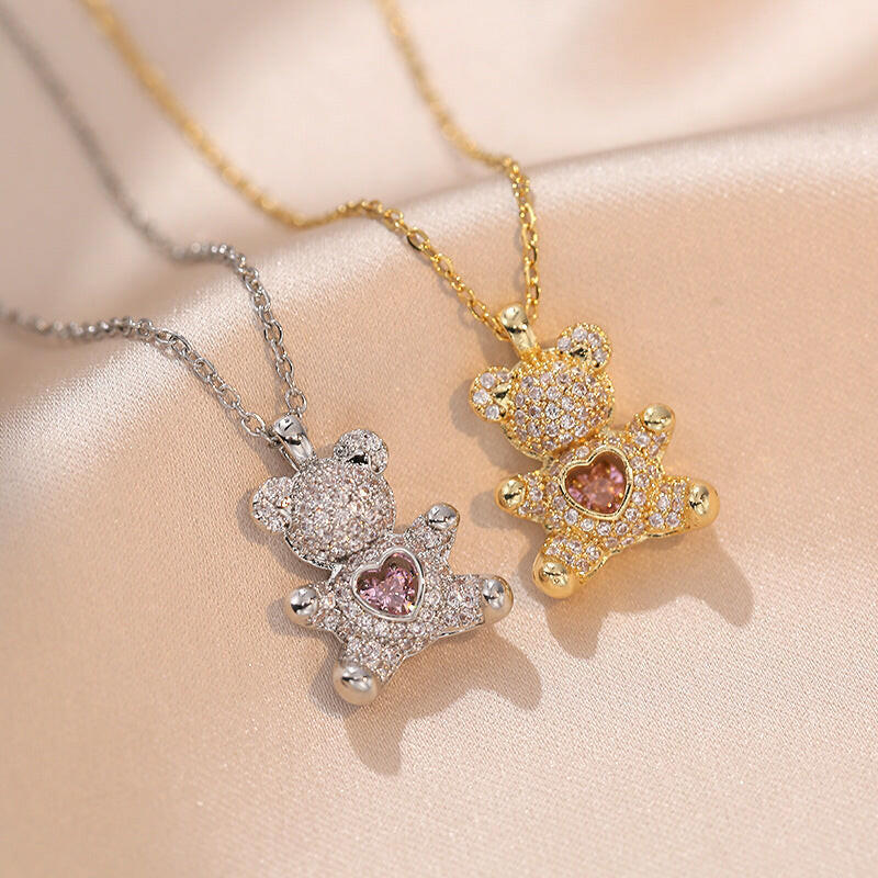Kaze Bear Heart Love Necklace | Titanium Steel Gold Heart Pendant Necklace for Women