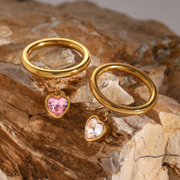 Kaze Heart Gemstone Pendant Ring | 18K Gold Heart Ring in Pink &amp; White