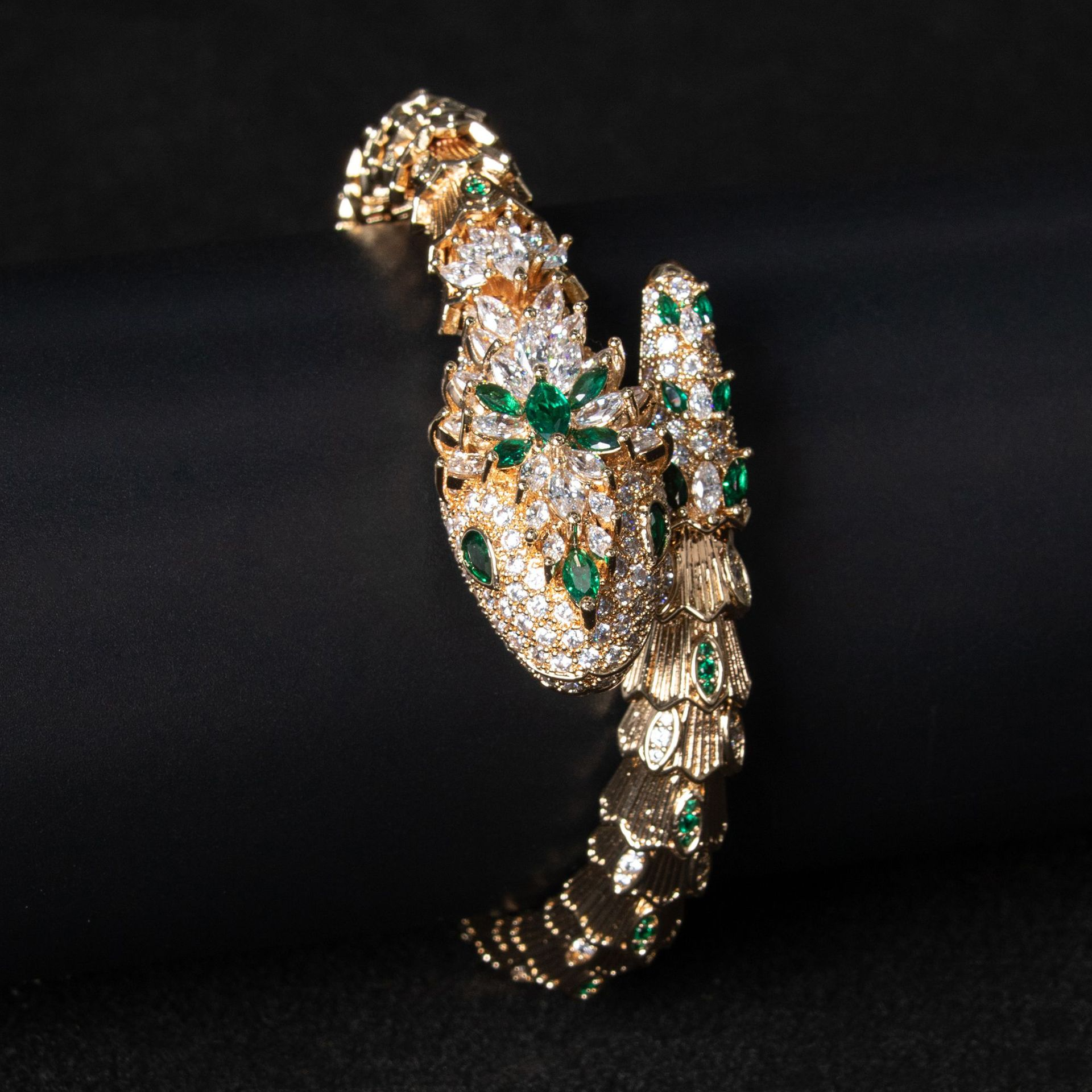 Kaze Gold Snake &amp; Marcasite Bracelet | 18K Gold Serpent Bracelet in 5 Stone Colours Gold Base with Green