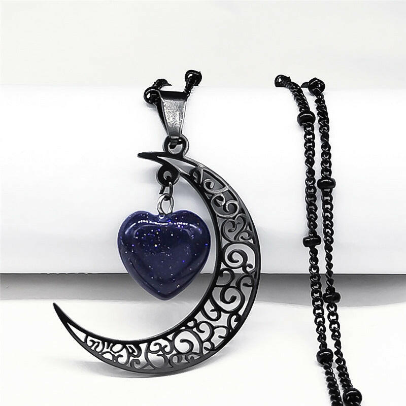Kaze Vintage Moon and Heart Natural Stone Necklace | Stainless Steel Celestial Pendant Black 50cm