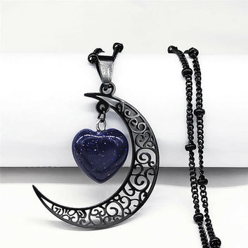 Kaze Vintage Moon and Heart Natural Stone Necklace | Stainless Steel Celestial Pendant Black 50cm