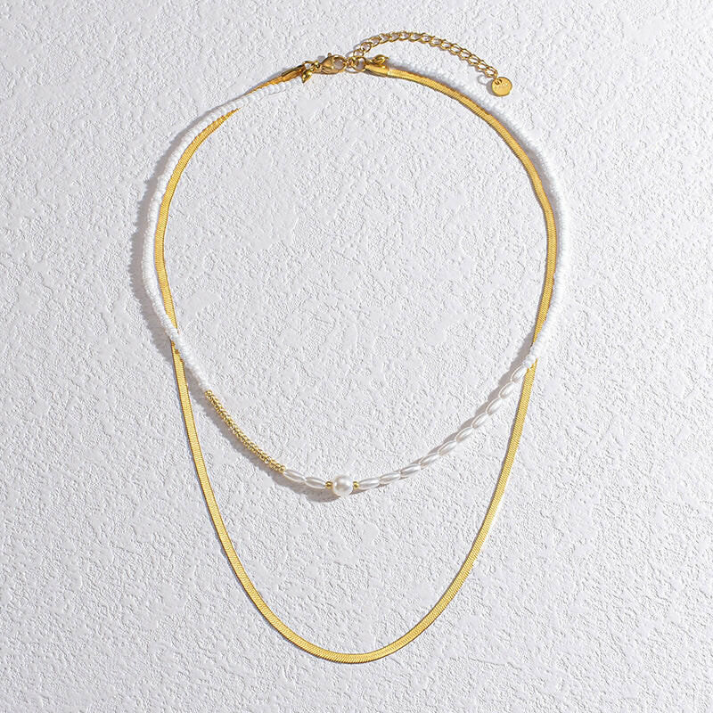 Kaze Double-Layer White Beaded Pearl Chain Necklace | Stainless Steel Pearl Necklace