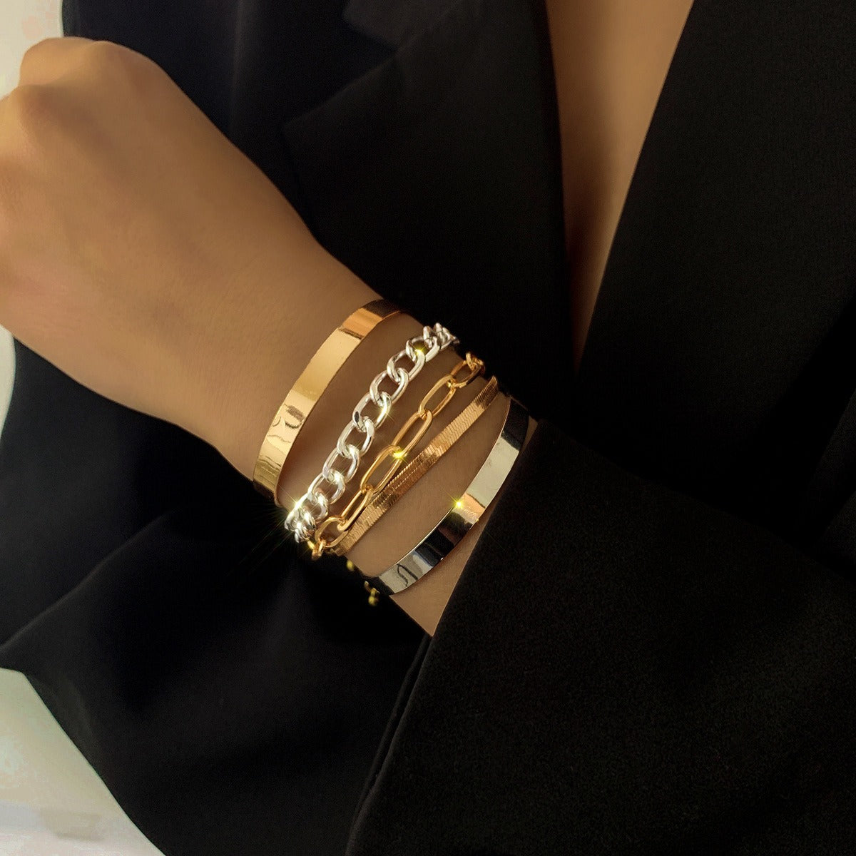 Kaze C-Shape Mixed Twist Chain Bangle | 18K Gold S925 Silver Open Bracelet in Gold &amp; Silver