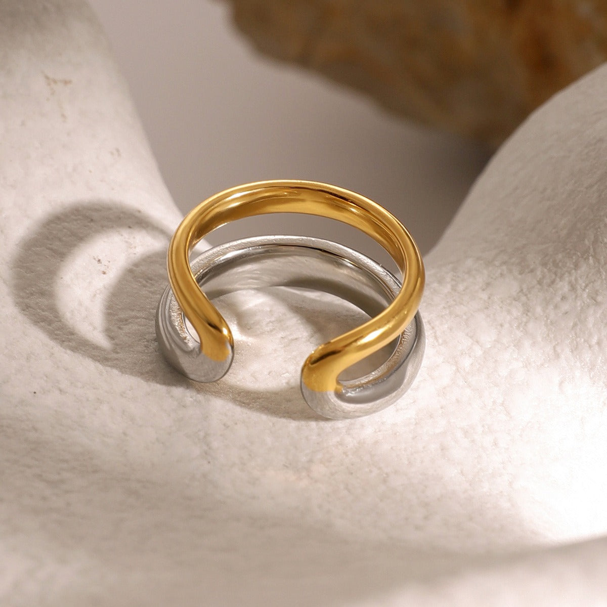 Kaze Double-Layer Two-Tone Earring and Ring Set | 18K Gold Gold &amp; Silver Matching Jewellery Set