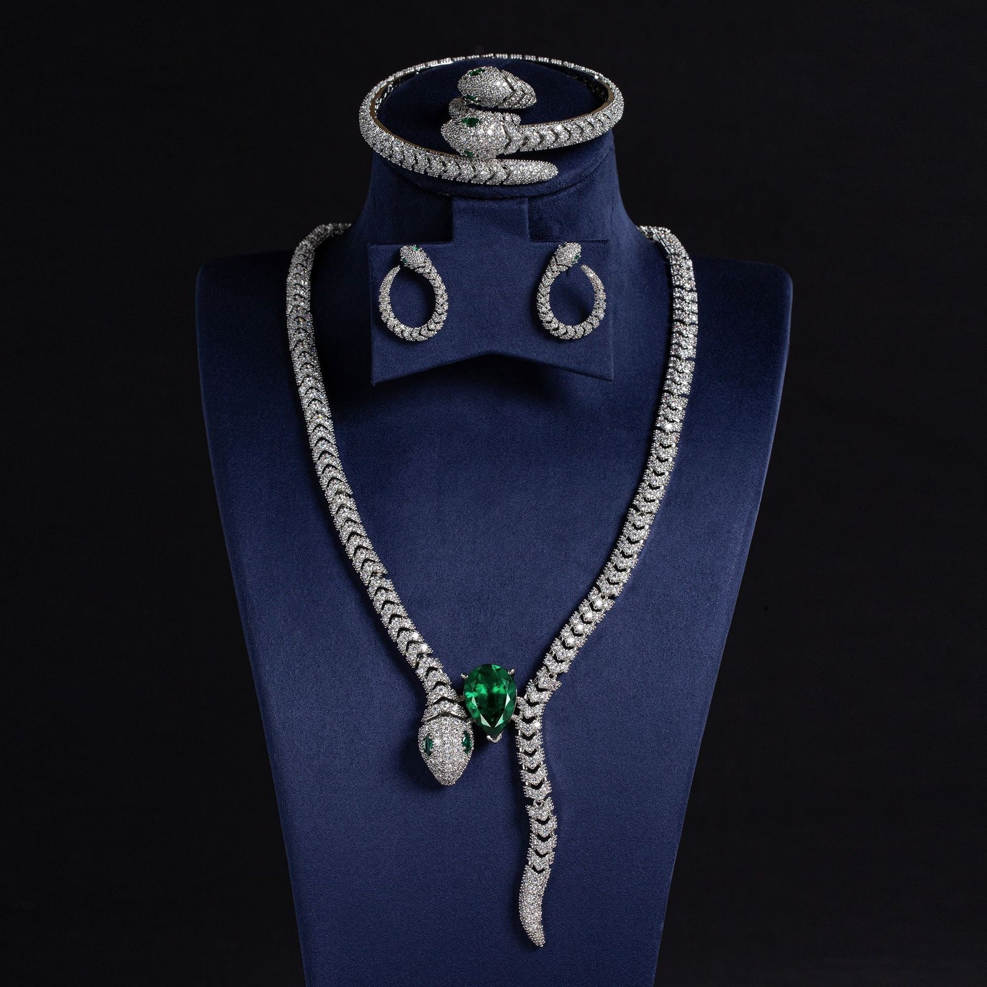 Kaze Retro Snake Motif Necklace Set | Titanium Steel Cubic Zirconia Serpent Necklace Emerald on a White Background