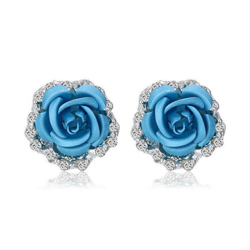 Kaze Rose Flower Ear Clip Earrings | Korean-Style Geometric Diamond Earrings in 9 Colours Light Blue