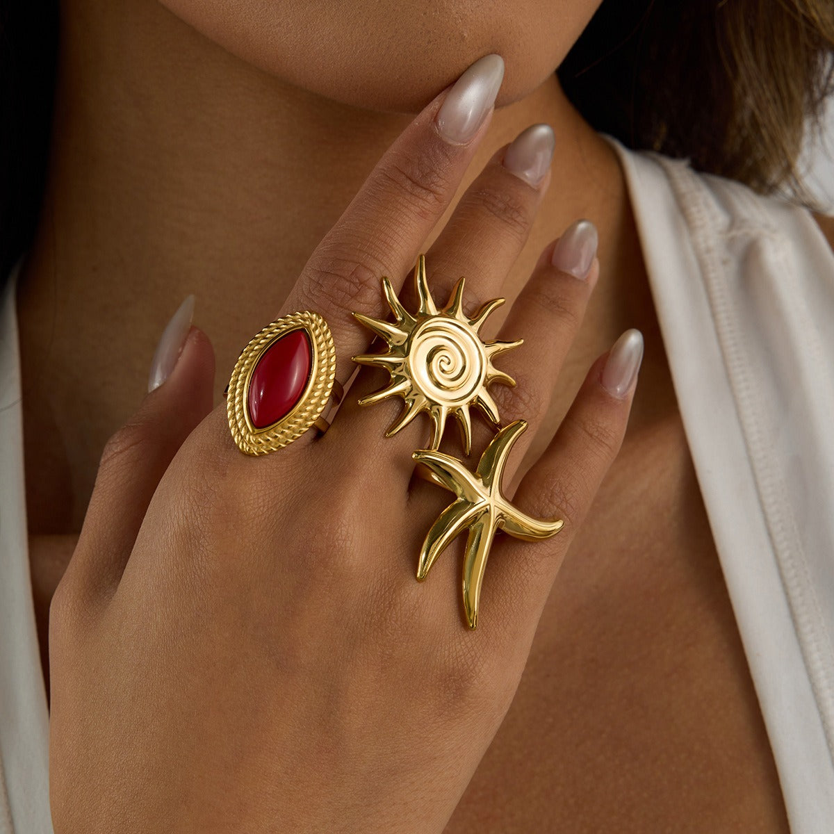 Kaze 18K Gold Red Agate Adjustable Ring | Natural Gemstone Ring in Ring A, B &amp; C