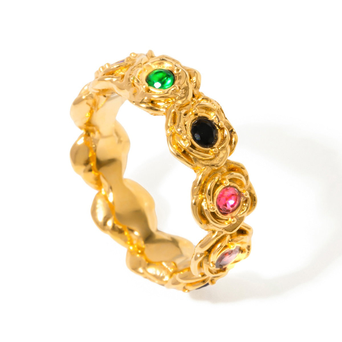 Kaze Retro Rose Round Gemstone Ring | 18K Gold Vintage Light Luxury Ring Size 7 7US