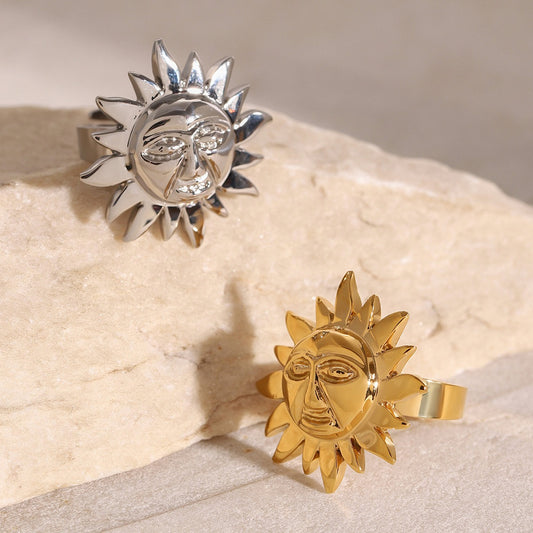 Kaze Sun Face Artistic Open Ring | 18K Gold Textured Sun Design Ring in Gold &amp; Silver