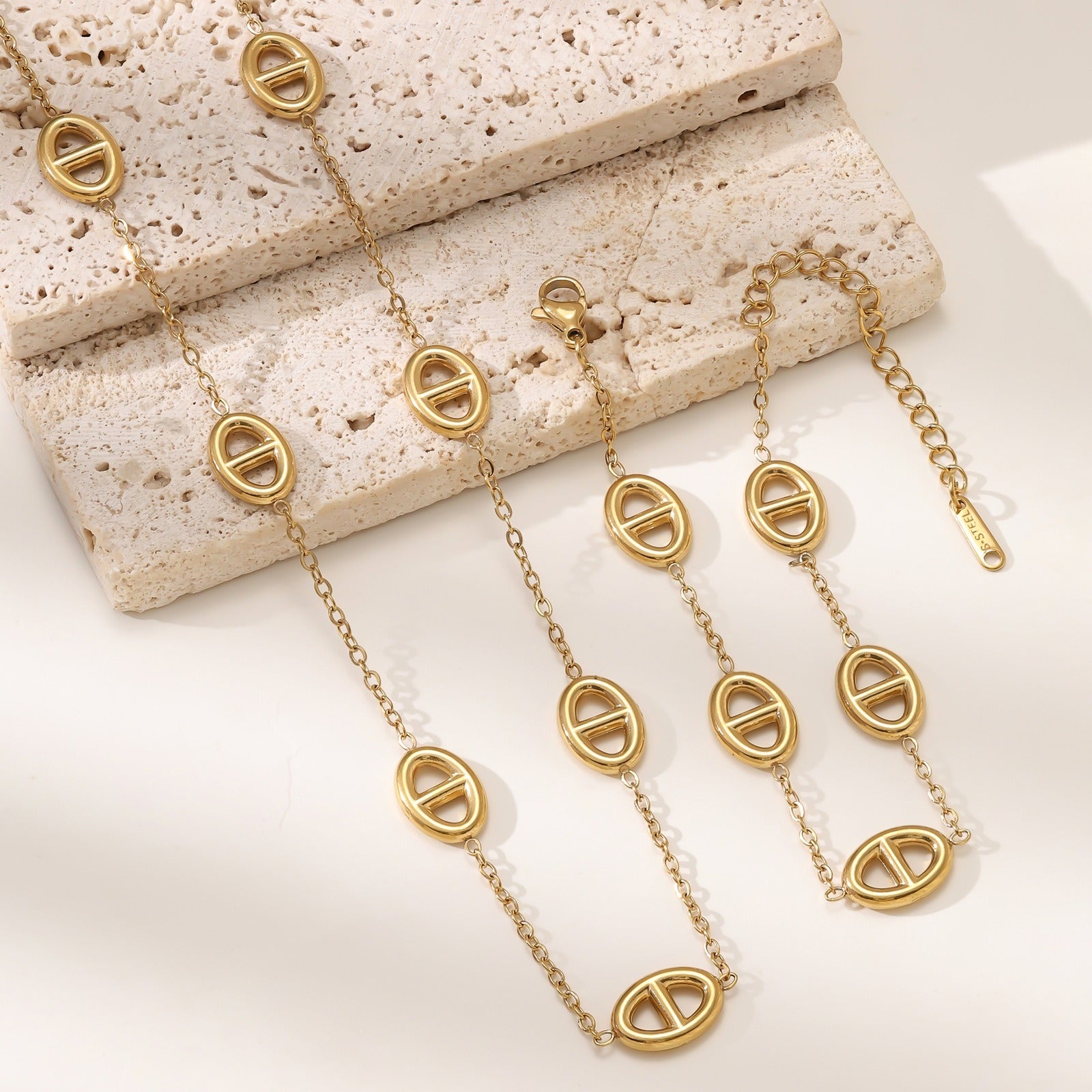 Kaze 18K Gold Pig Nose Necklace and Bracelet Set | Titanium Steel Charm Set in 3 Variants