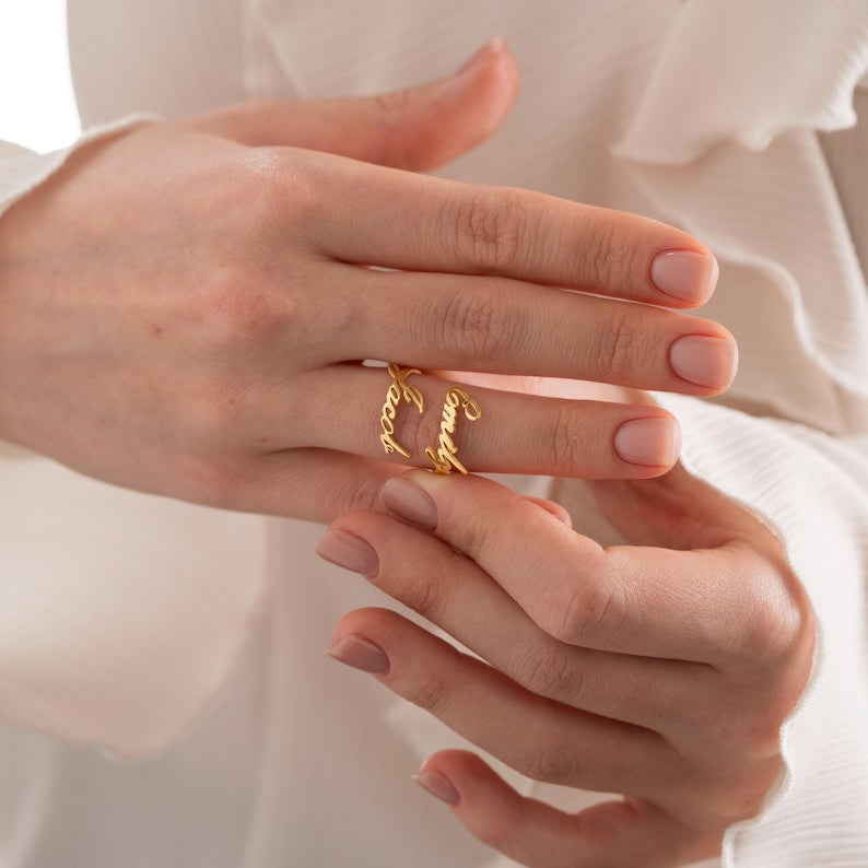 Kaze Customizable Double Name Open Ring | Personalised Two-Name Ring in Silver, Gold &amp; Rose Gold
