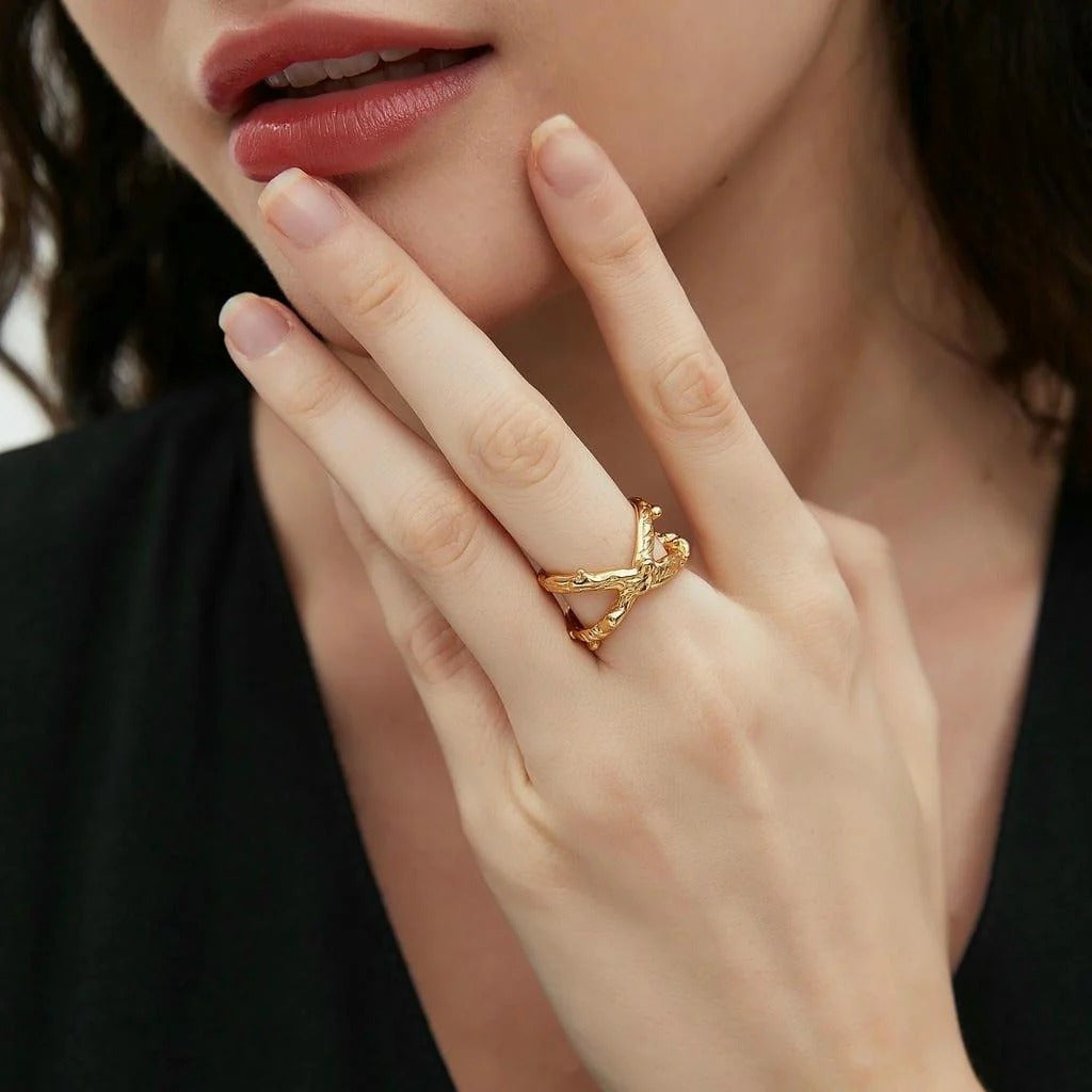 Kaze X-Shape Textured Ring | 18K Gold Statement Ring in Gold &amp; Silver