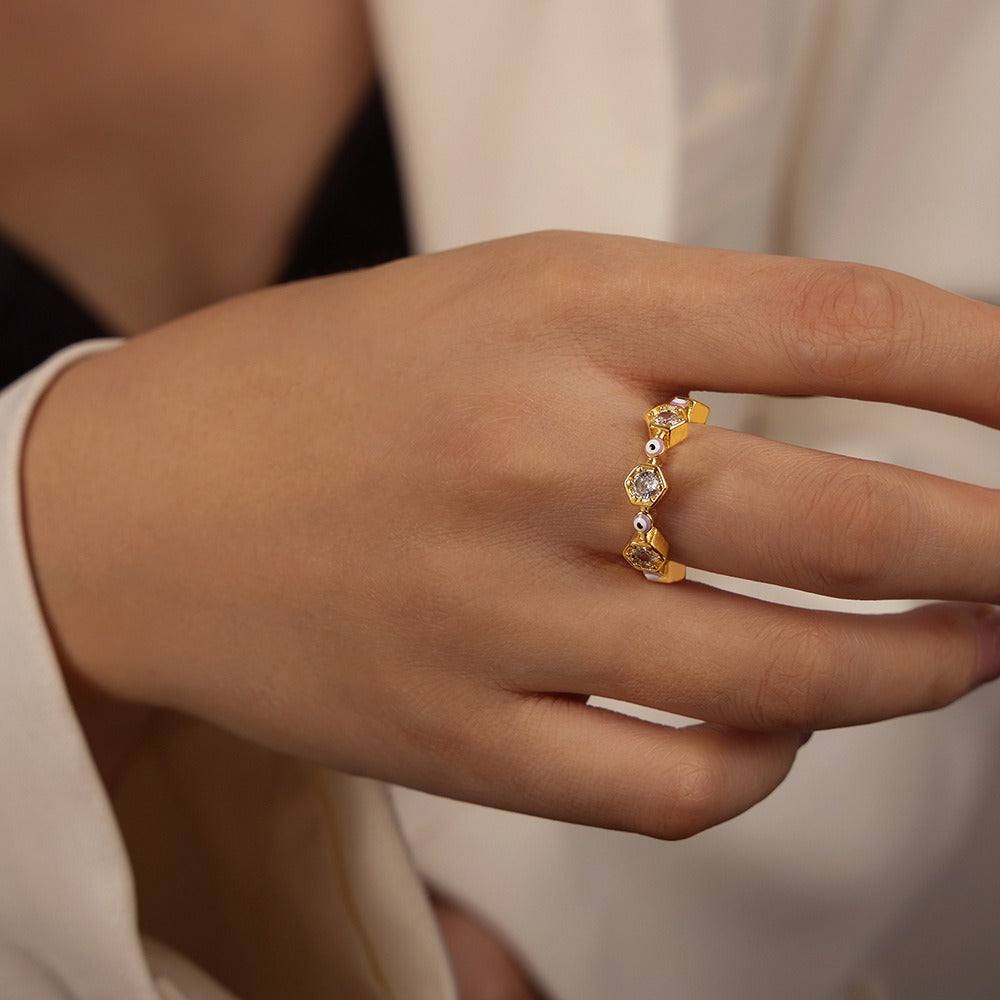 Kaze Geometric Hexagonal Devil's Eye Zircon Ring | 18K Gold Adjustable Ring in 5 Colours Light Purple Adjustable