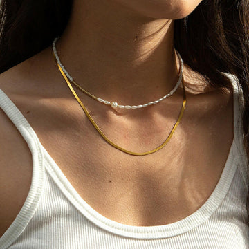 Kaze Double-Layer White Beaded Pearl Chain Necklace | Stainless Steel Pearl Necklace