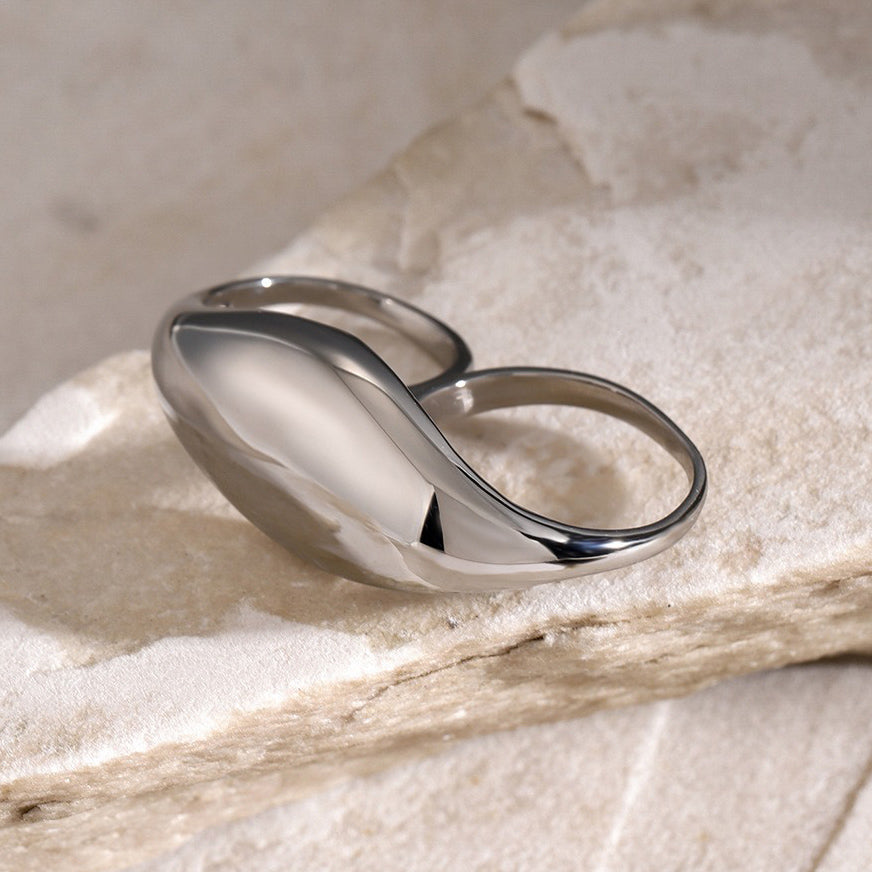 Kaze Chubby Geometric Two-Finger Design Ring | 18K Gold Bold Statement Ring in Gold &amp; Silver