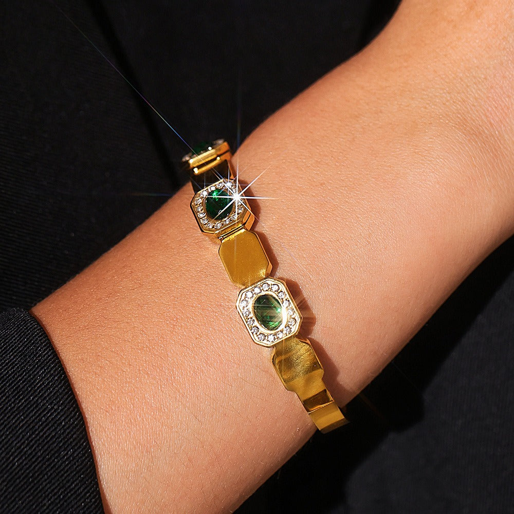 Kaze Geometric Square Gemstone Bangle | 18K Gold High-End Inlaid Bracelet
