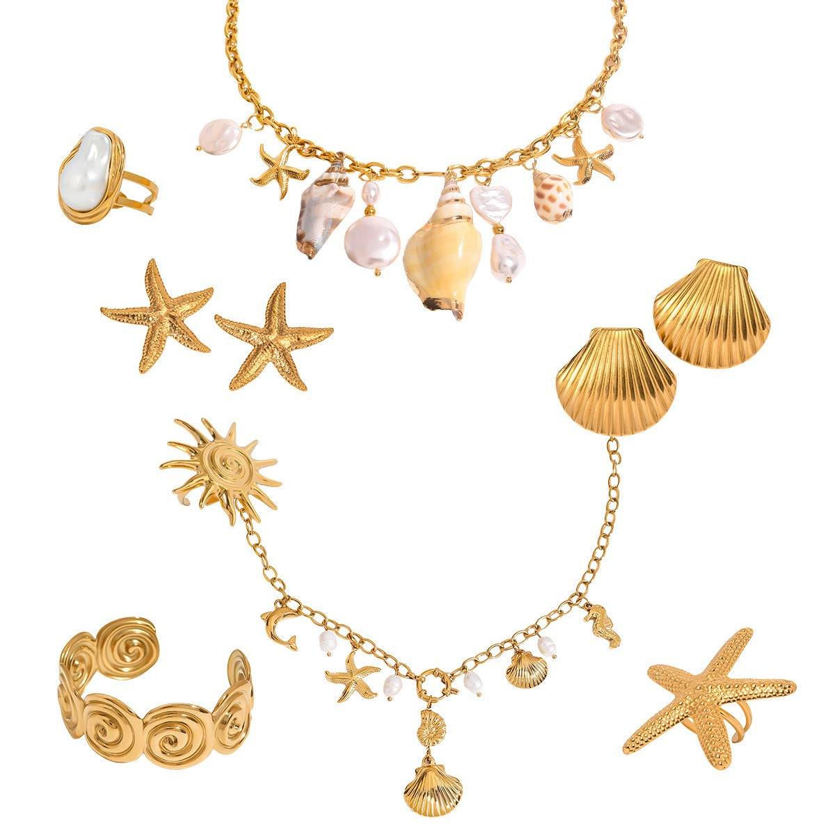 Kaze 18K Gold Ocean-Themed Inlaid Pearl Jewellery Set | 14-Piece Coastal Jewellery Collection