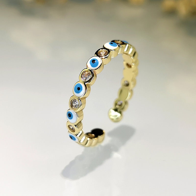 Kaze Exaggerated Eye Design Gemstone Open Ring | 18K Gold Oil-Drip Enamel Ring in 18 Variants Light blue Adjustable