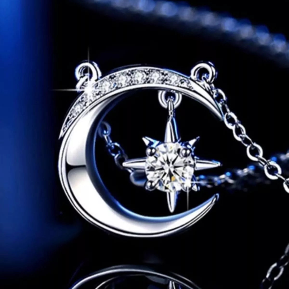 925 Sterling Silver Moissanite Star and Moon Necklace