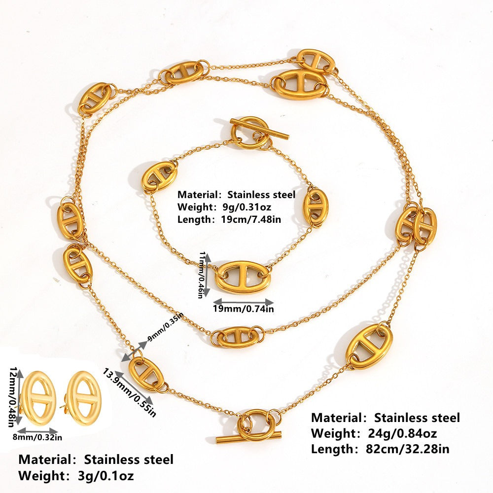 Kaze 18K Gold Smooth Pig Nose Necklace, Bracelet and Earrings Set | 8 Variant Gold Jewellery Set Gold set (necklace + bracelet + earrings)