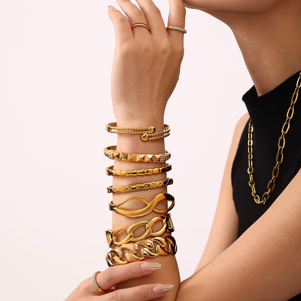 Kaze Geometric Hollow Design Bracelet | 18K Gold Statement Bangle — 12 Style Variants