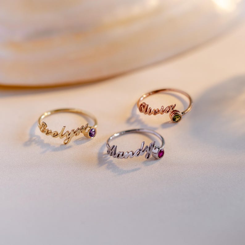 Kaze Customized Birthstone Name Open Ring | Personalised Birthstone Ring in Silver, Gold &amp; Rose Gold