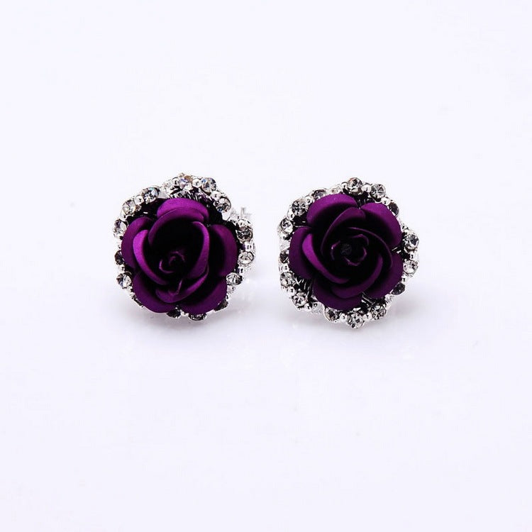 Kaze Rose Flower Ear Clip Earrings | Korean-Style Geometric Diamond Earrings in 9 Colours Purple