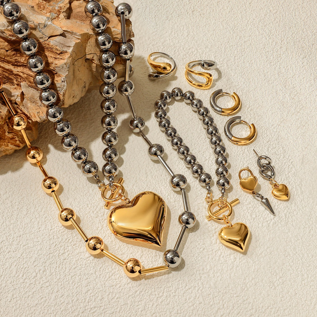 Kaze 18K Gold Heart-Shaped Jewellery Set with Gold and Silver Contrast | Necklace, Bracelet, Ring &amp; Earrings