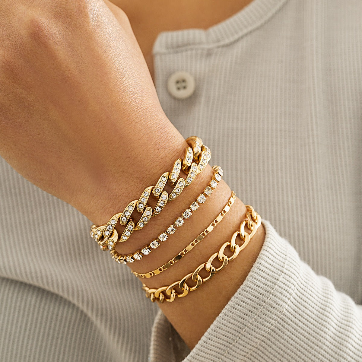 Kaze Hip-Hop Retro Diamond-Studded Cuban Chain Bracelet Set | 18K Gold Statement Bracelet in Gold &amp; Silver Gold