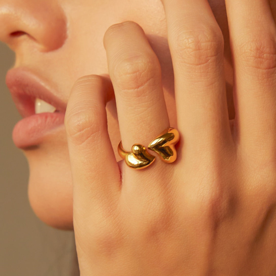 Kaze Double Heart Luxury Open Ring | 18K Gold Romantic Adjustable Ring