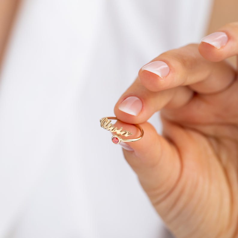 Kaze Personalized Birthstone Name Open Ring | Custom Birthstone &amp; Name Ring in Silver, Gold &amp; Rose Gold