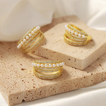 18K Gold Multi-Layered Open Ring with Zircon and Pearl Accents